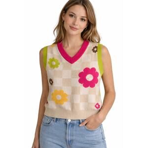 Vans Retro Neon Floral Check Sweater Vest Y2K style 100% Cotton Sz Small